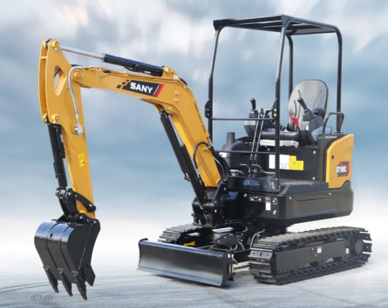 Interpretación completa de la mini-excavadora Sany SY16C: peso total de 1910 kg, capacidad de cubo de 0,04 m3 y potencia de 15,4 kW / 2400 rpm